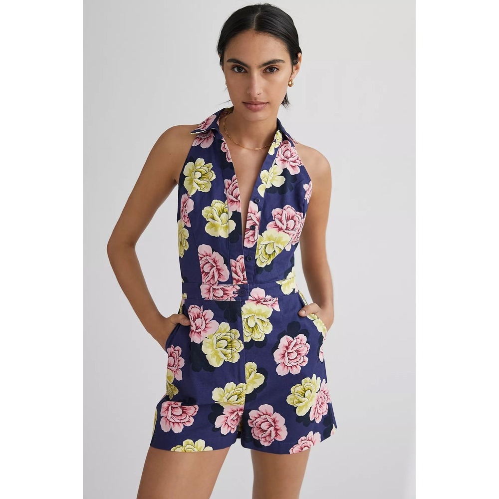 NWT‎ Anthropologie Maeve Retro Collared Romper Shorts Floral Halter Size 4